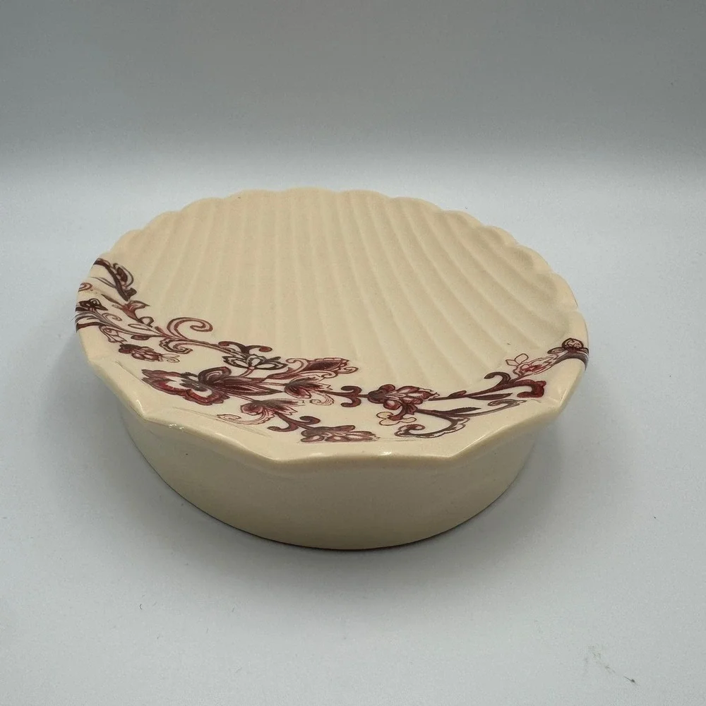 Reba Cream Ceramic Oval Serving Platter Burgundy Floral Scalloped Ribbed Serving
